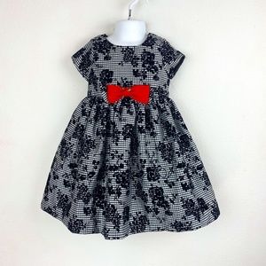 Marmellata Black & White Gingham Flocked Floral Dress w/Red Bow Party 2T